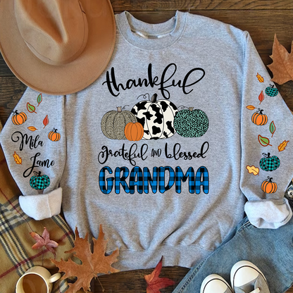 Pumpkin Thankful Grateful and Blessed Grandma with Kids Name on sleeve