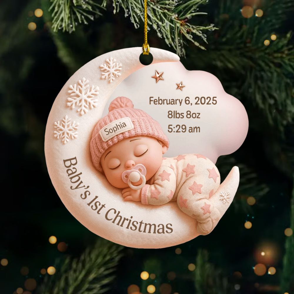 Personalized Baby’s First Christmas Ornament 2025 – Custom Name & Birth Stats Moon Design Keepsake Ornament