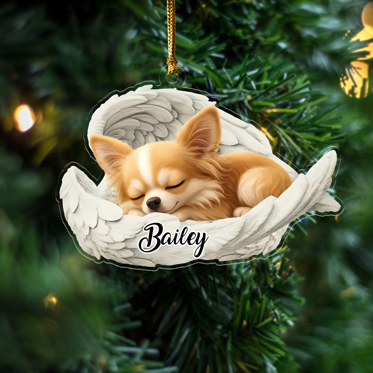 Custom Chihuahua Long Hair Dog Angel Dog Ornament – Personalized Sleeping Dog Christmas Gift for Dog Lovers, Pet Memorial Tree Decoration Ornament