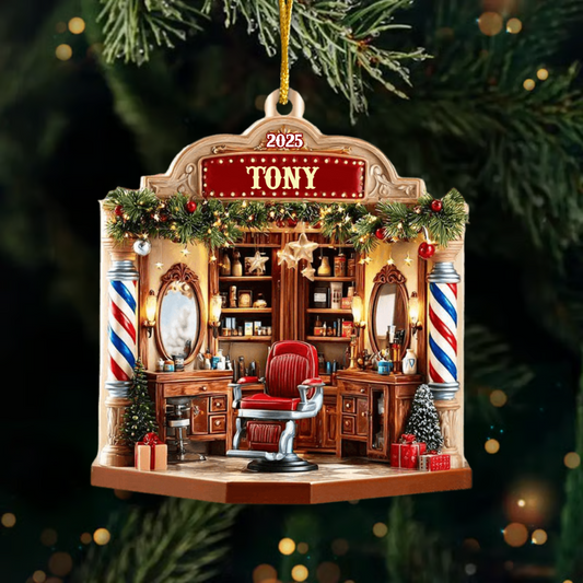 Personalized Barber Shop Ornament 2025, Custom Acrylic Decoration, Unique Christmas Gift For Barbers And Salon Lovers Ornament