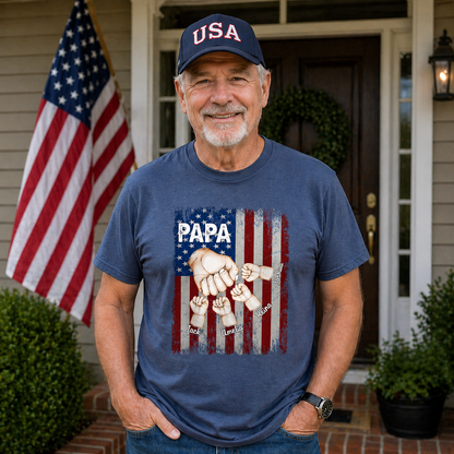 Papa Fist Bump Custom Kids Names Shirt - Personalized US Flag Father's Day Gift - American Flag Papa T-Shirt