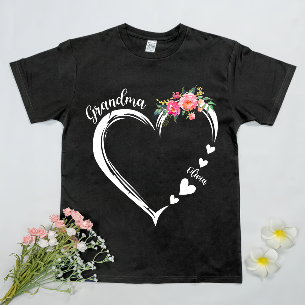 Custom Grandma Flower Shirt, Grandma Heart Shirt, Nana Shirt With Grandkids Name, Gift For Grandma, Mother's Day Shirt