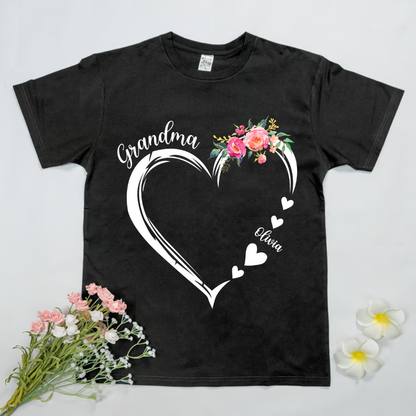 Custom Grandma Flower Shirt, Grandma Heart Shirt, Nana Shirt With Grandkids Name, Gift For Grandma, Mother's Day Shirt