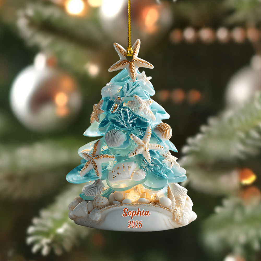 Personalized Beach Christmas Tree Ornament 2025 – Custom Name Coastal Seashell Holiday Decoration Ornament