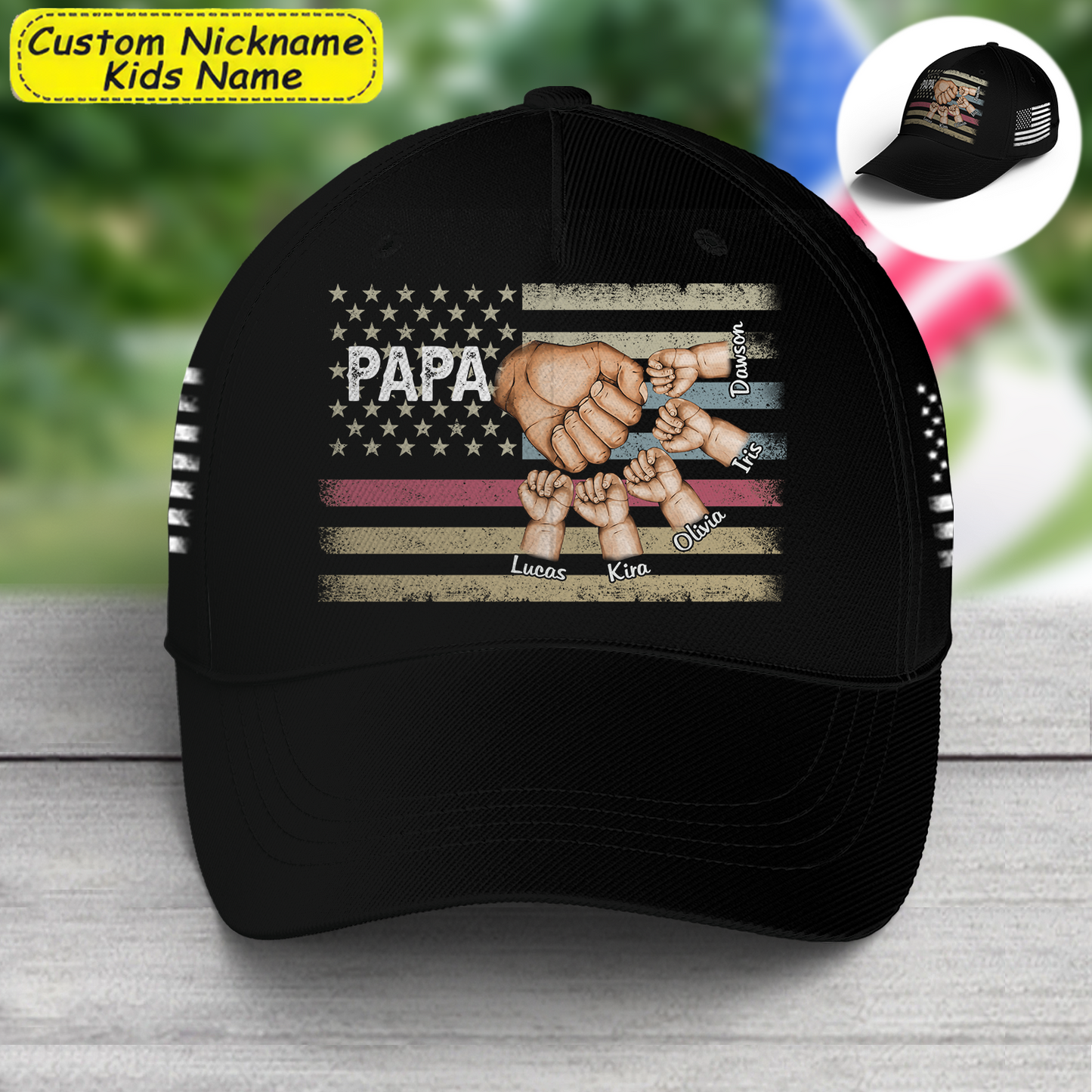 Personalized Papa And Kids Fist Bump American Flag AOP Cap Custom 04th Of July 3D Cap Classic Cap 3D