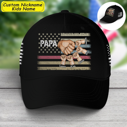 Personalized Papa And Kids Fist Bump American Flag AOP Cap Custom 04th Of July 3D Cap Classic Cap 3D