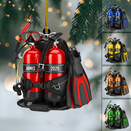 Personalized Scuba Diving Ornament 2025 – Custom Name Diver Ornament with Gear Set, Perfect Gift for Ocean Lovers & Divers Ornament