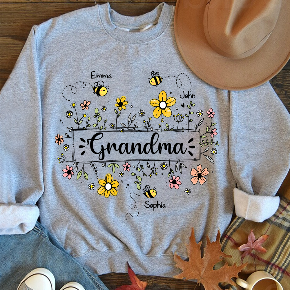 Personalized Grandma Flower Bee And Grandkids Custom Names Sweatshirt