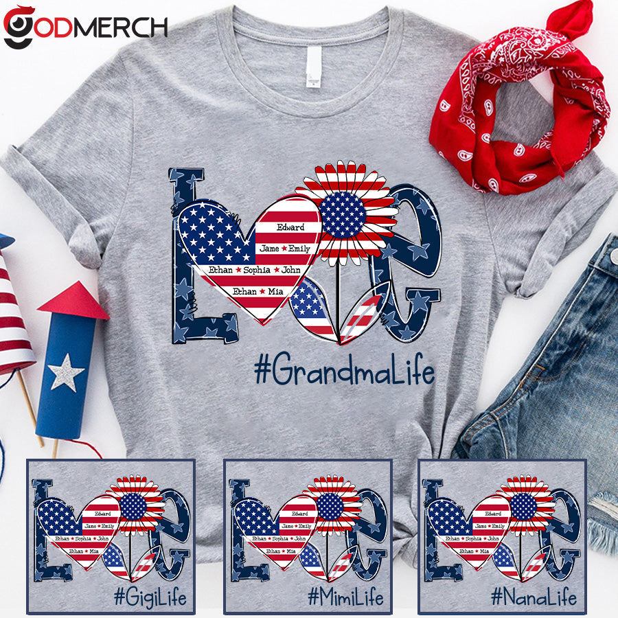 Love Grandma Life With Grandkids Heart Flag Sunflower T-Shirt
