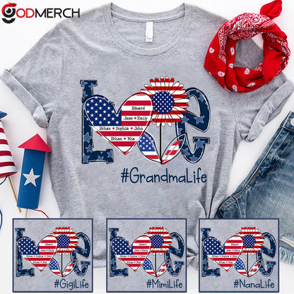 Love Grandma Life With Grandkids Heart Flag Sunflower T-Shirt