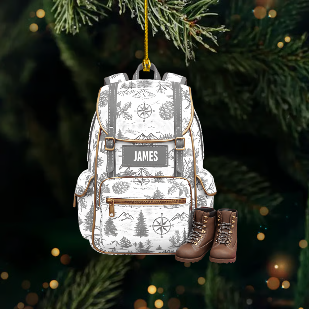 Personalized Backpack Ornament with Hiking Boots – Custom Name Christmas Gift for Campers & Outdoor Lovers Ornament