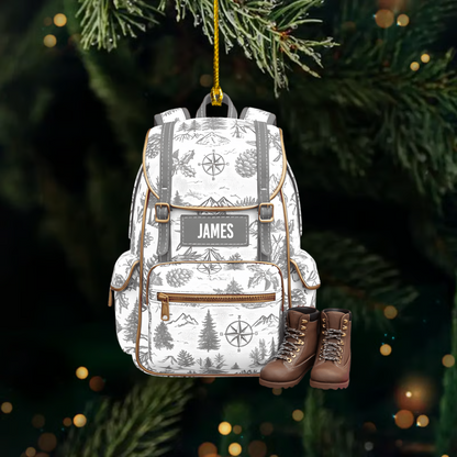 Personalized Backpack Ornament with Hiking Boots – Custom Name Christmas Gift for Campers & Outdoor Lovers Ornament