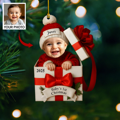 Personalized Baby Photo Christmas Gift Box Ornament – Custom Holiday Keepsake for Newborns & Families