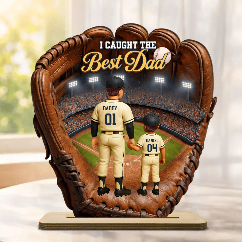 Personalized Baseball Glove Wooden Plaque for Dad – Custom Baseball Dad Gift with Kids Names, Father’s Day Decor 2-Layered Wooden Plaque