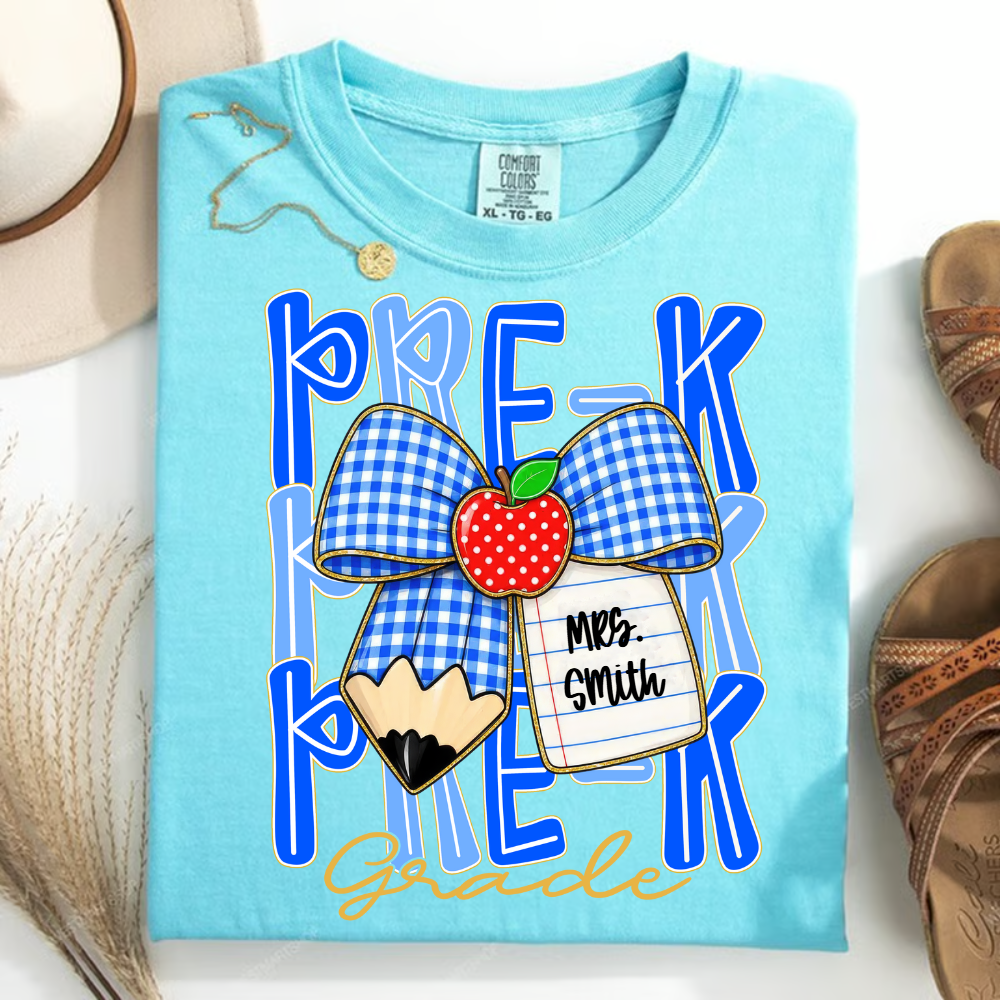 Preppy Back To School, Blue Gingham Pencil Bow, Custom Teacher Team,  Pre-K To Fourth Grade Team