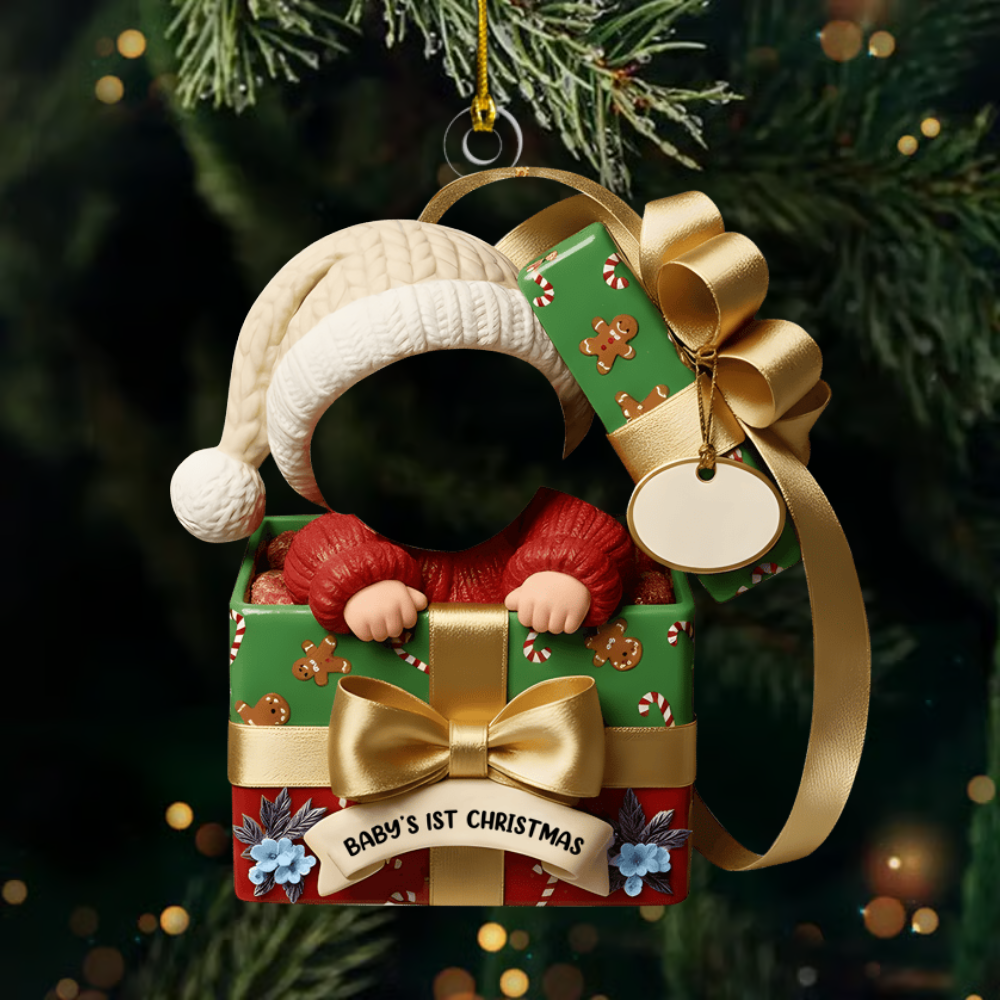 Custom Baby Ornament 2025 – Baby’s 1st Christmas Gift Box Design with Name & Photo, Perfect Holiday Keepsake for New Parents Ornament