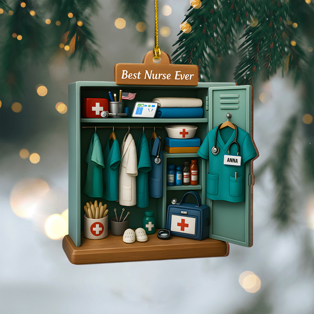 Personalized Nurse Ornament – Custom Name Scrubs Locker Christmas Decoration, Cute Holiday Gift for Nurses and Healthcare Workers Ornament