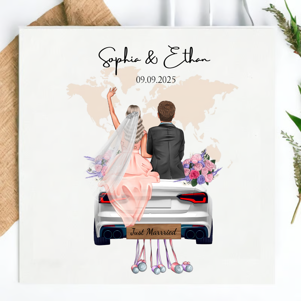 Personalized Wedding Napkins – Bride & Groom Car Design, Custom Names & Date Napkinds