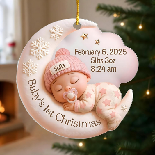 Personalized Baby’s First Christmas Ornament 2025 – Custom Name & Birth Stats Moon Design Keepsake Ornament