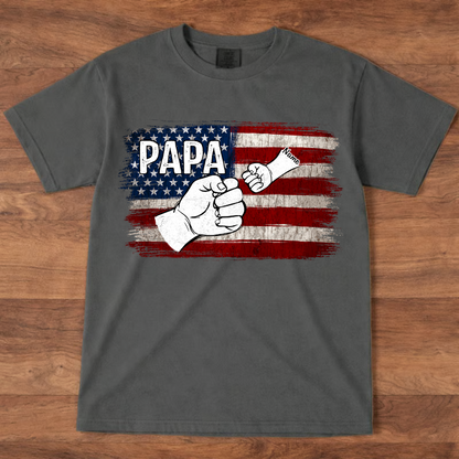 Comfort Colors® Papa Fist Bump Shirt with Kids Names – American Flag Custom T-Shirt for Dad
