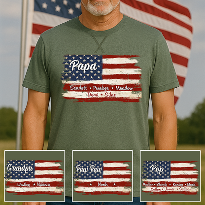 Grandpa With Grandkids Names 4th Of July Flag Classic X-Stitch Tee