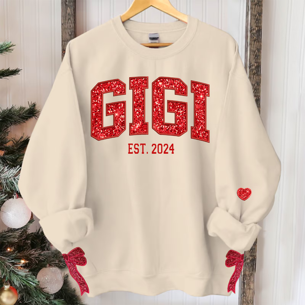 Custom Christmas Gigi Claus Light And GrandKids Name Coquette Bow Light Sweatshirt