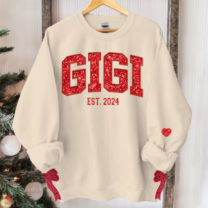 Custom Christmas Gigi Claus Light And GrandKids Name Coquette Bow Light Sweatshirt