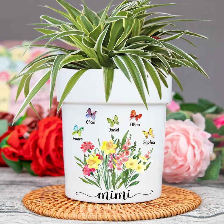 Grandma Flower And Butterfly Plant Pot, Custom Grandma And Grandkids TH Plant Pot Plant Pot