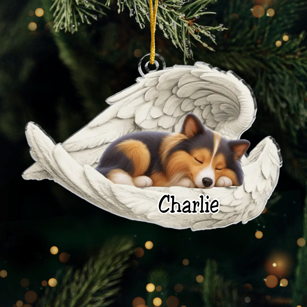 Custom Shetland Angel Ornament – Personalized Sleeping Dog Christmas Gift for Dog Lovers, Pet Memorial Tree Decoration  Ornament
