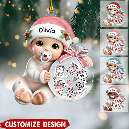 Baby Beside Christmas Bauble – 3D Effect Baby’s First Christmas Personalized Acrylic Flat Ornament, Custom Holiday Keepsake Gift for Newborns Ornament