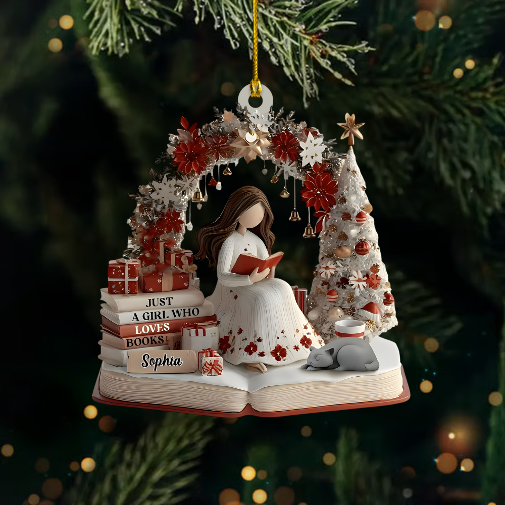 Personalized Book Lover Ornament – Custom Girl Reading Figure Christmas Decor for Readers Ornament