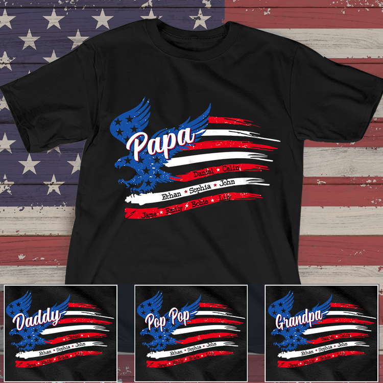 Personalized Papa Shirt, Custom Papa with Grandkids Names 4th Of July T-Shirt, Father's Day Independence Day Shirt