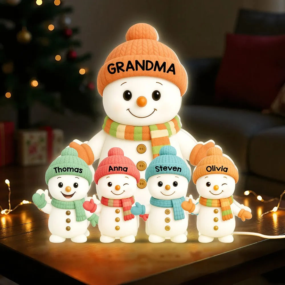 Personalized Snowman Family Light – Custom Christmas Lamp Gift For Grandma And Grandkids Names Light Box