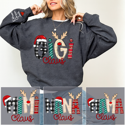 Personalized Grandma Sweatshirt – Gigi Claus, Mimi Claus, Nana Claus, Mama Claus – Custom Christmas Sweatshirt with Kids’ Names on Sleeve – Holiday Gift for Grandmother, Mom, Family Sweatshirt