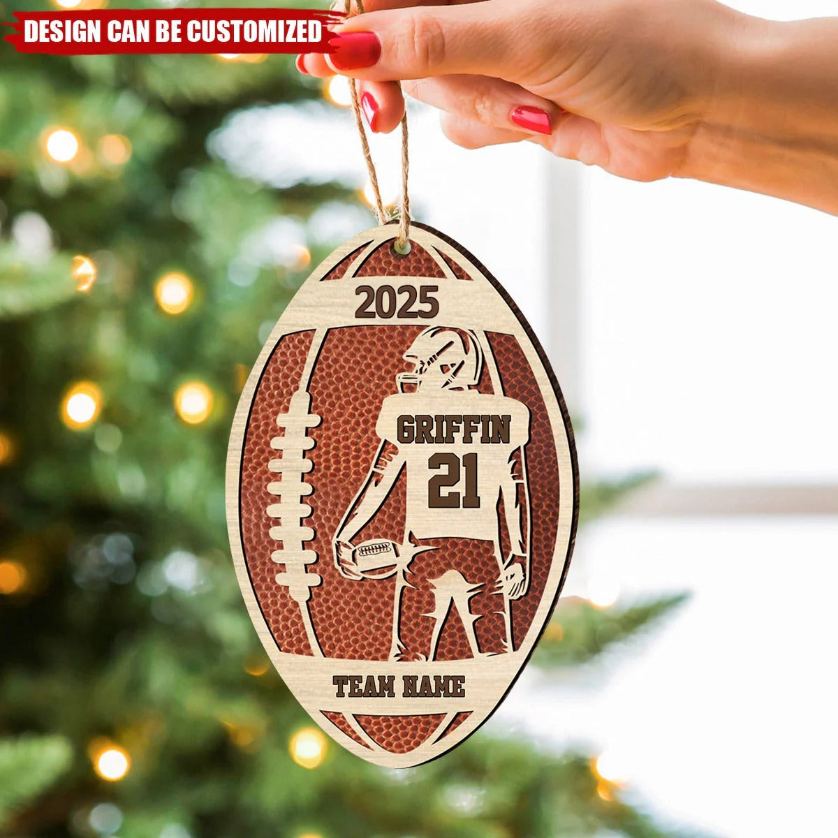 Personalized Wooden Football Ornament, Custom Name & Team Sports Christmas Decoration Wooden Ornament