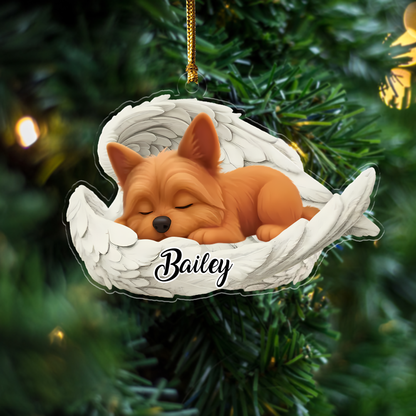 Custom Yorkshire Terrier Angel Ornament – Personalized Sleeping Dog Christmas Gift for Dog Lovers, Pet Memorial Tree Decoration Ornament