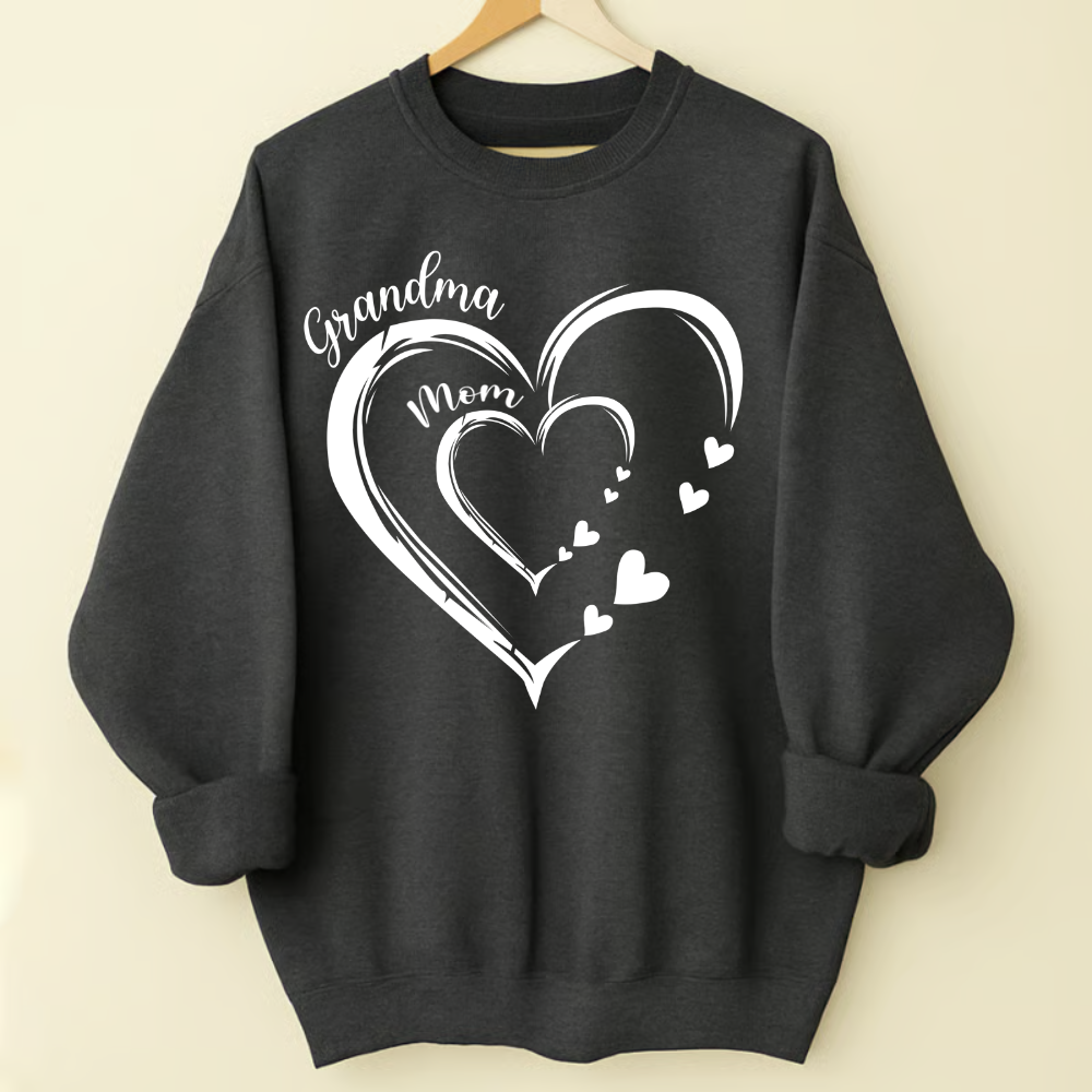 Personalized Generations Heart Sweatshirt – Grandma & Mom Custom Names – Double Heart Family Christmas Gift