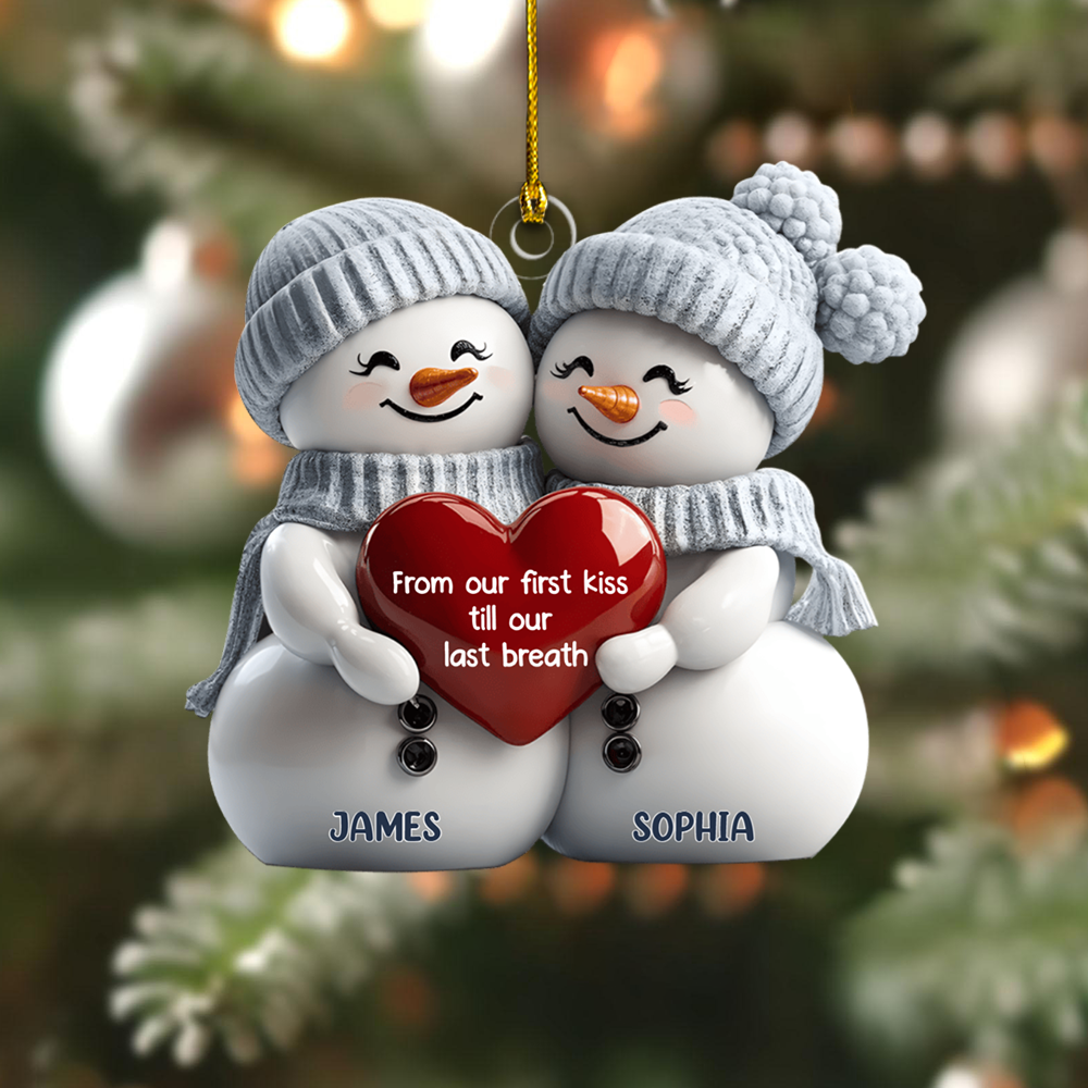 Personalized Couple Snowman Ornament – Custom Names & Romantic Message Christmas Tree Decor, Cute Winter Gift for Couples Ornament
