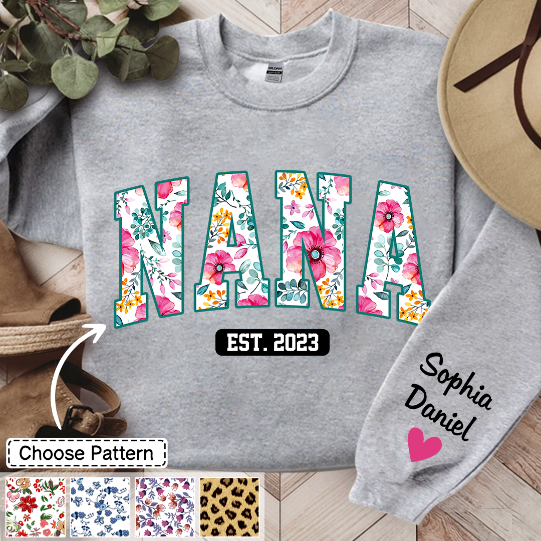 Nana Flower Pattern Sweatshirt, Custom Grandma With Kids, Grandma Gift TH Sweatshirt