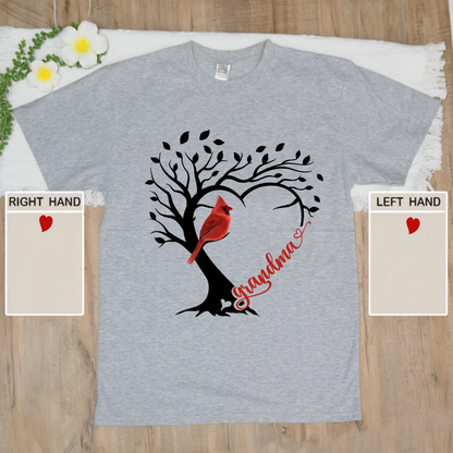 Personalized Grandma Cardinal Tree Heart T-Shirt, Personalized Grandma Gift, Customized Mother's Day Shirt, Grandchildren