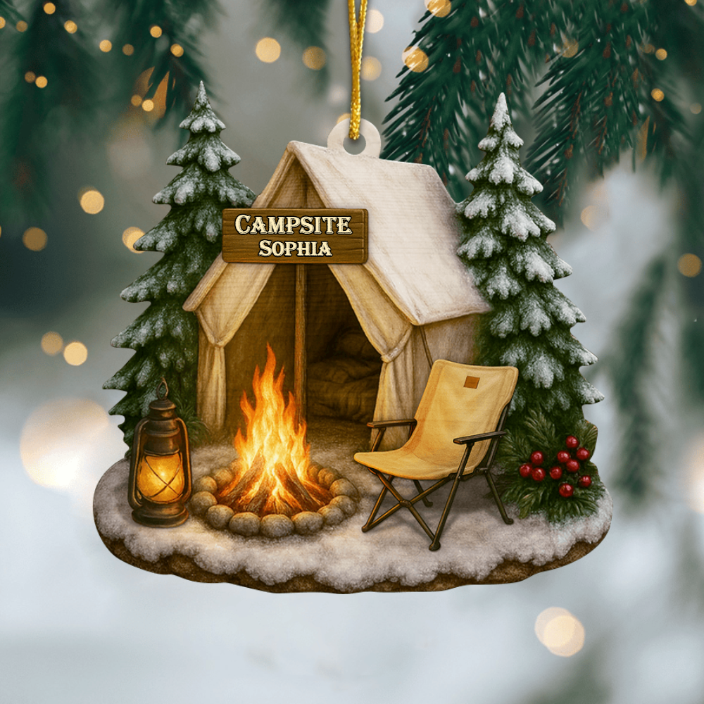 Custom Campsite Acrylic Ornament – Personalized Christmas Gift for Campers, RV Lovers, Outdoor Families – Cozy Holiday Scene Ornament