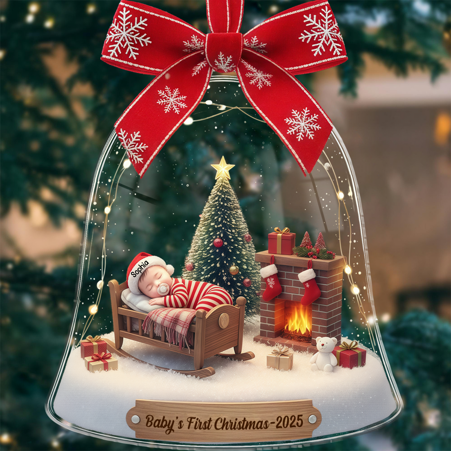 Baby’s First Christmas Ornament 2025 – Personalized Ornament with Sleeping Baby in Crib, Custom Name Christmas Gift Ornament