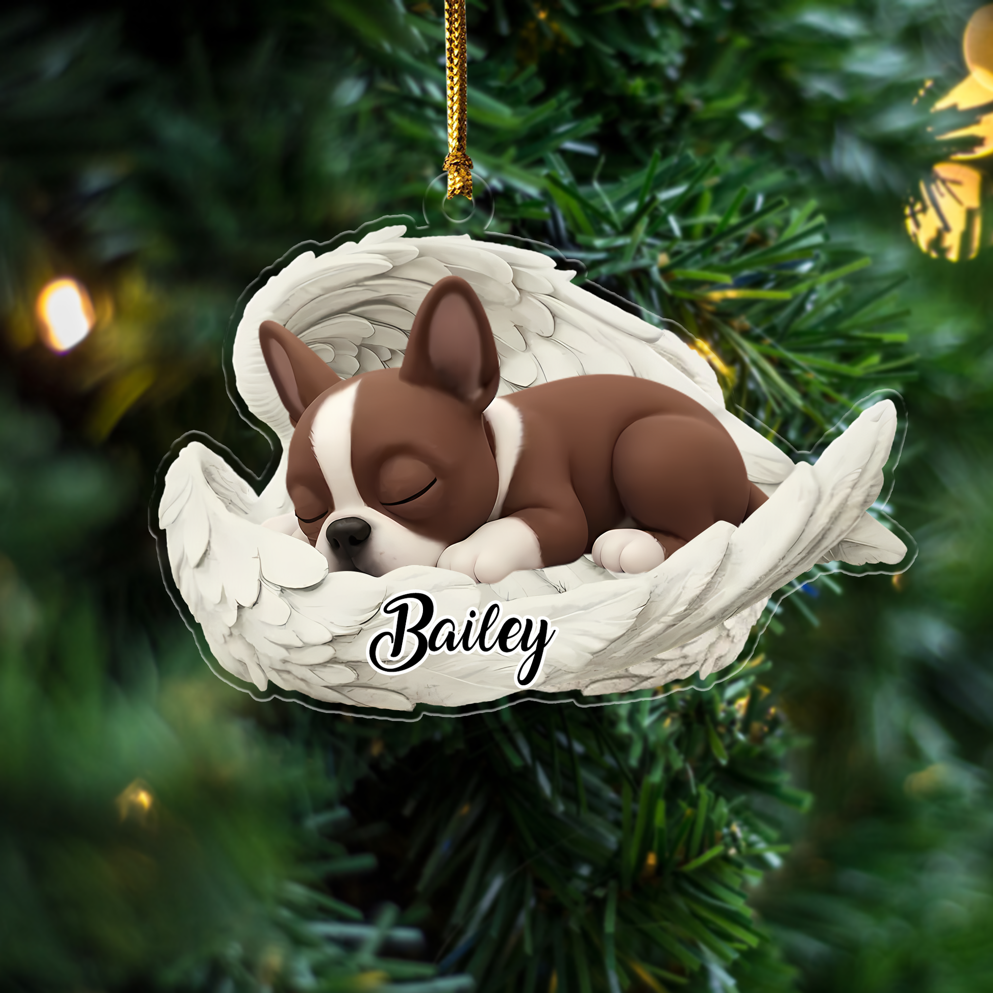 Custom Boston Terrier Angel Dog Ornament – Personalized Sleeping Dog Christmas Gift for Dog Lovers, Pet Memorial Tree Decoration Ornament