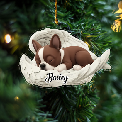 Custom Boston Terrier Angel Dog Ornament – Personalized Sleeping Dog Christmas Gift for Dog Lovers, Pet Memorial Tree Decoration Ornament