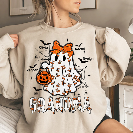 Personalized Halloween Grandma Sweatshirt – Cute Ghost with Grandkids’ Names and Pumpkin Trick-or-Treat Design