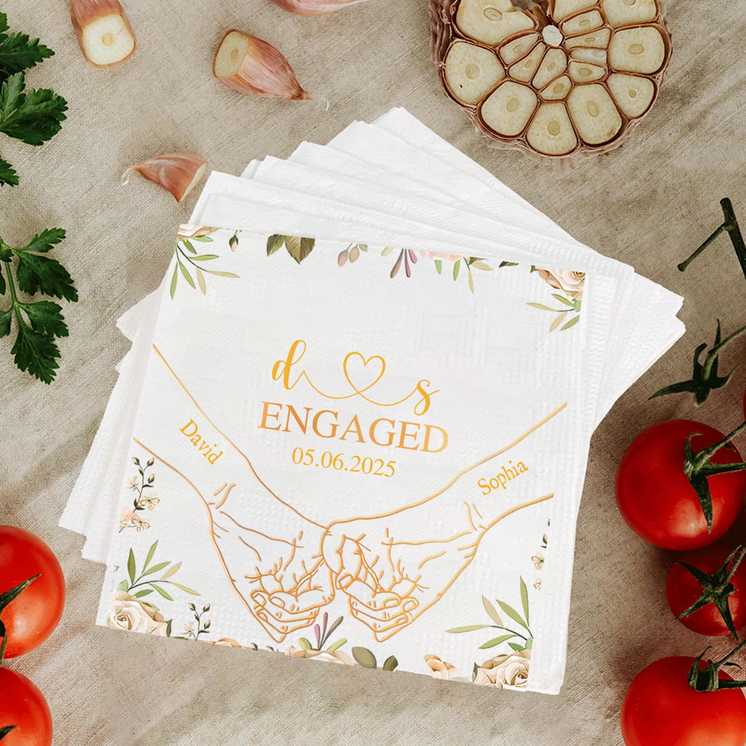 Personalized Engagement Napkins with Holding Hands & Names – Custom Date