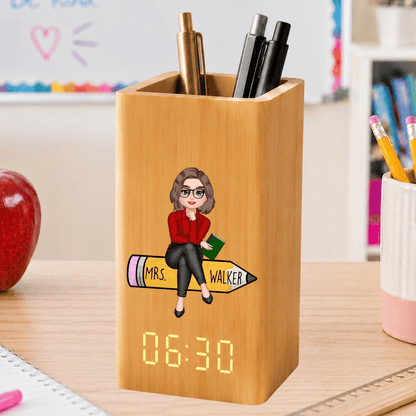 Personalized Teacher Desk Organizer With Clock, Custom Teacher Name Pen Holder, Appreciation Gift For Teachers Calendar Electronic Pen Holder