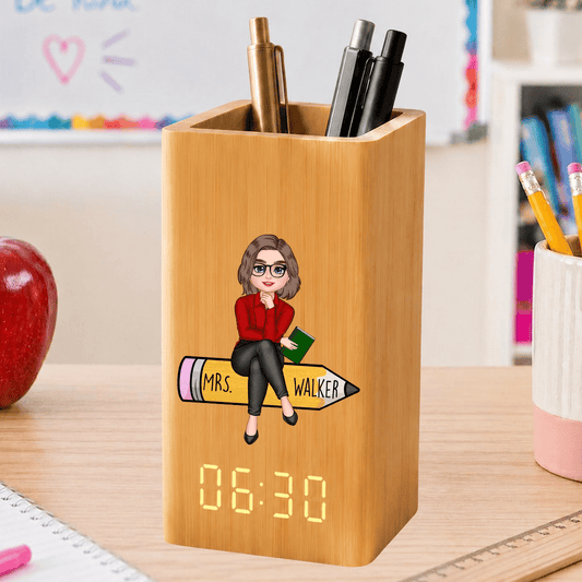 Personalized Teacher Desk Organizer With Clock, Custom Teacher Name Pen Holder, Appreciation Gift For Teachers Calendar Electronic Pen Holder
