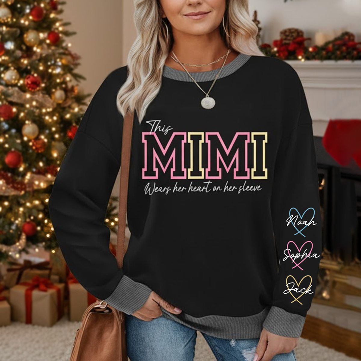 This Mimi Wears Her Heart On Her Sleeve – Personalized Sweatshirt with Grandkids’ Names, Custom Gift for Grandma, Nana & Gigi
