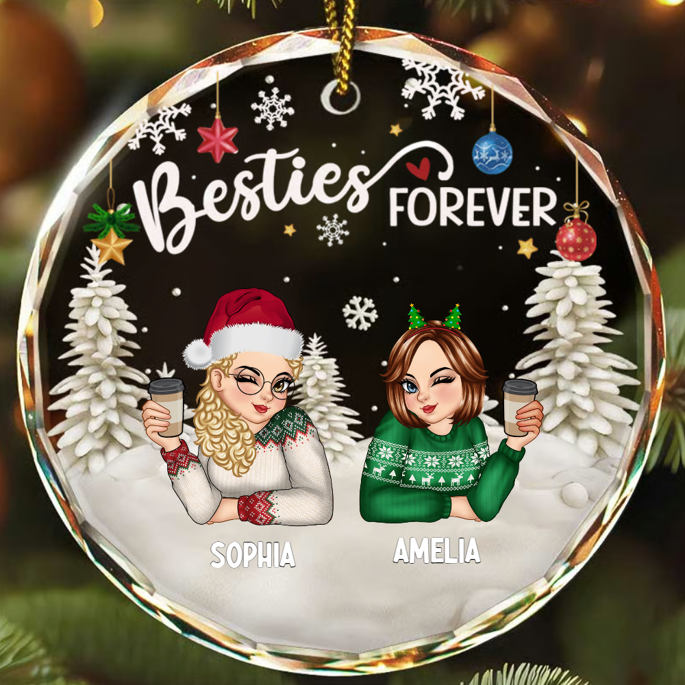 Besties Forever Christmas - Personalized Circle Round Glass Ornament